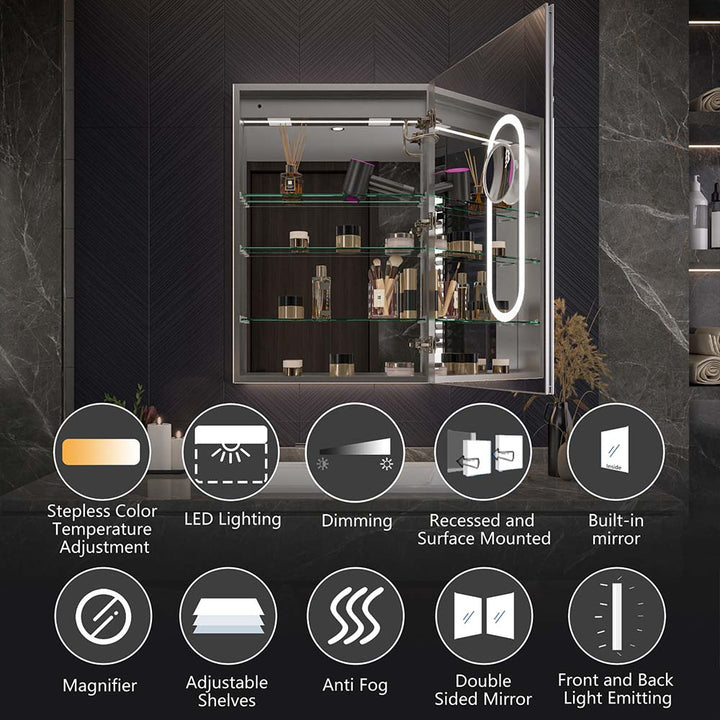 LED medicine cabinet with anti fog, dimming and lighting features