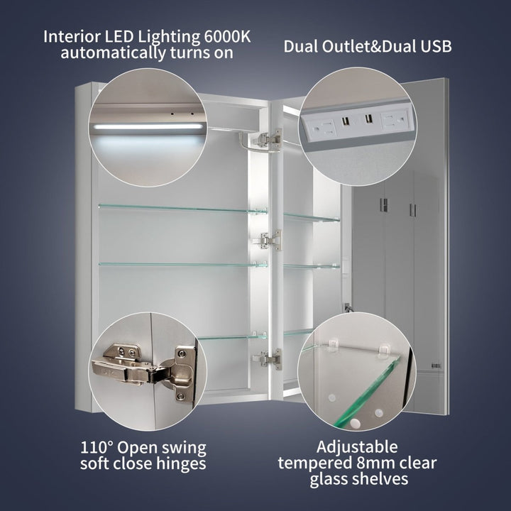 Interior LED mirror cabinet with USB ports, outlet, glass shelves, hinges