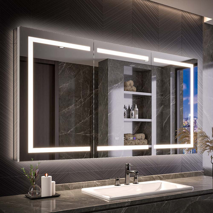 LED medicine cabinet with frontlit mirror in modern bathroom