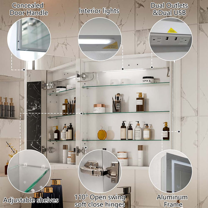LED medicine cabinet interior details with dual USB and lighting