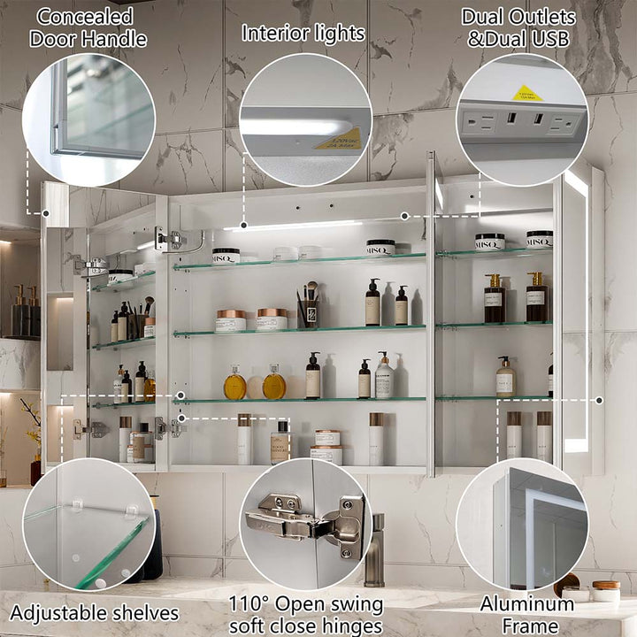 LED medicine cabinet with interior lights shelves USB outlets and hinges