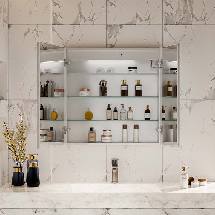 LED medicine cabinet with open double doors and glass shelves inside