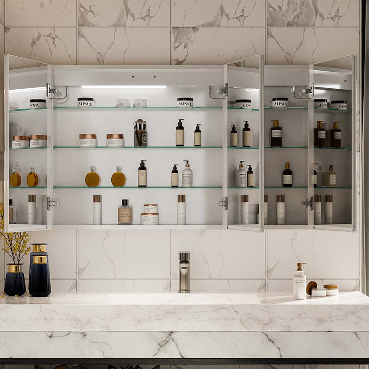 LED medicine cabinet interior storage with glass shelves and lights