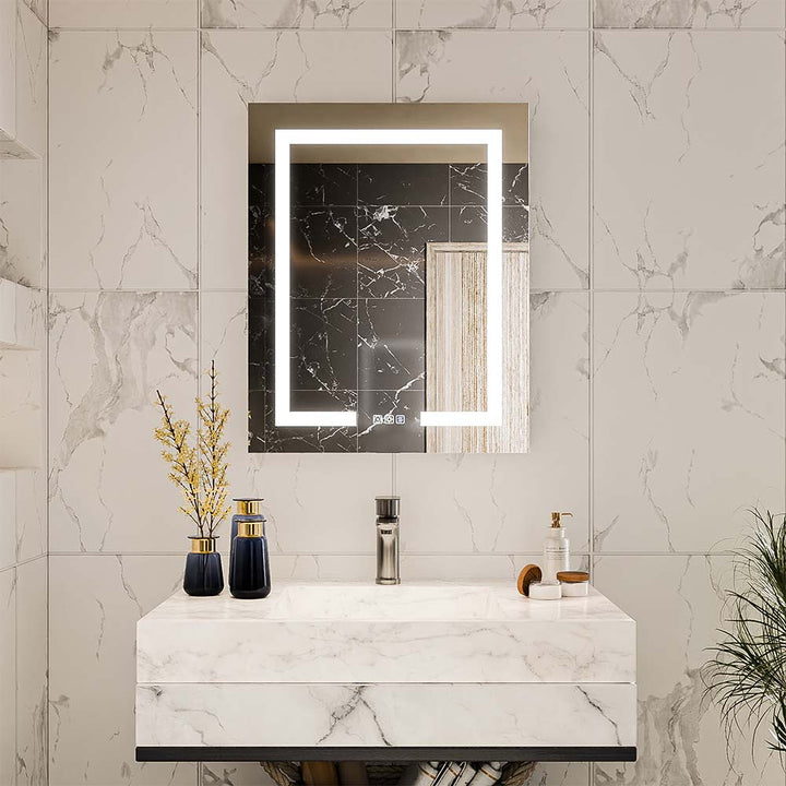 LED medicine cabinet with lighted mirror installed above vanity