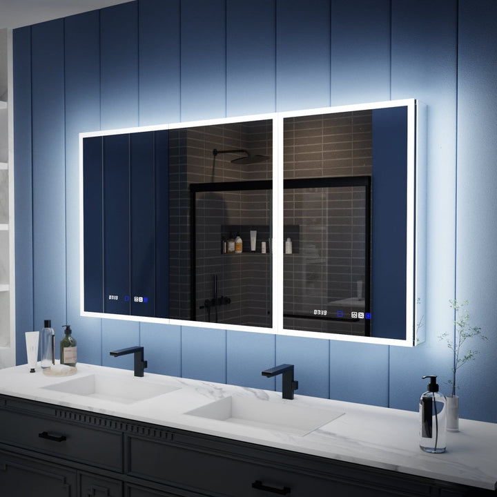 Modern LED medicine cabinet with dual mirrors and integrated lighting