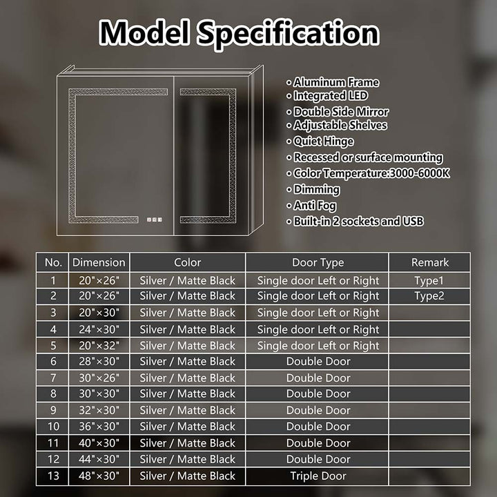 LED medicine cabinet specifications with USB ports and dimming light