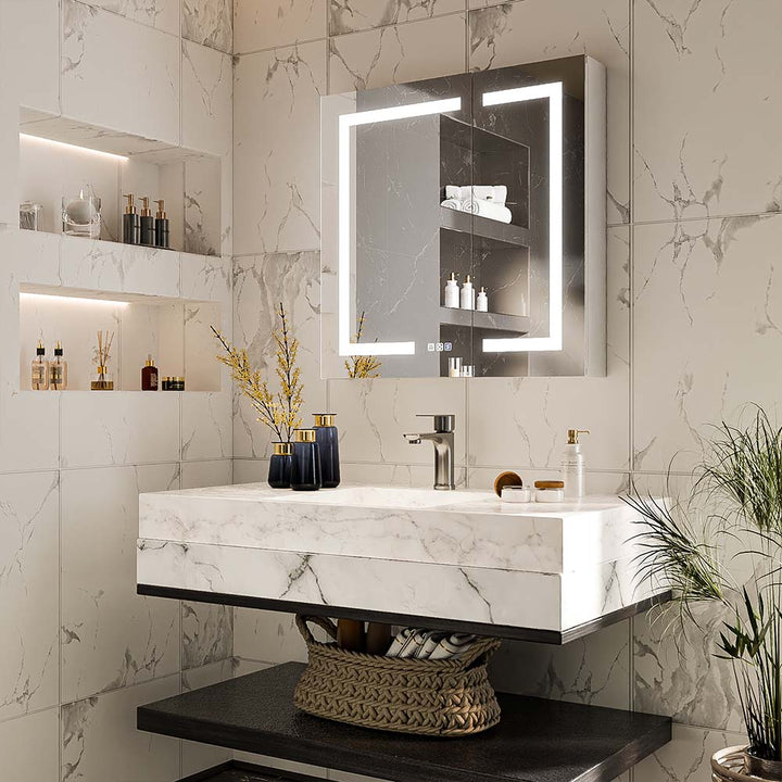 LED medicine cabinet installed above modern bathroom vanity