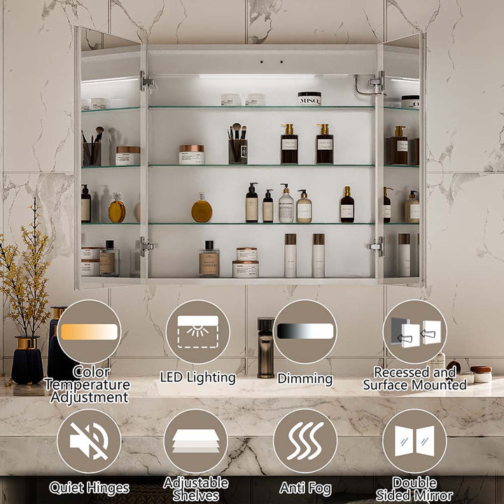 LED medicine cabinet with dimming anti fog adjustable shelves features