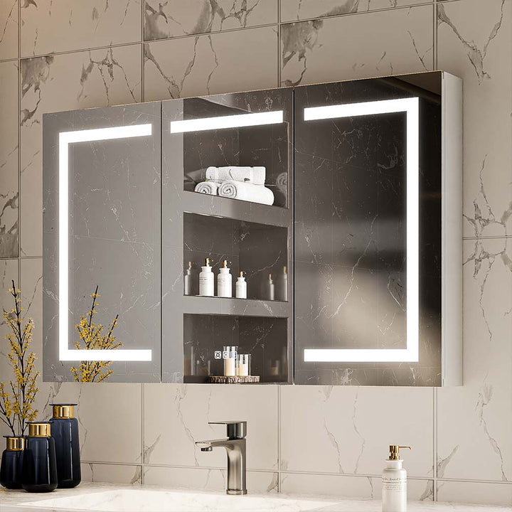 LED medicine cabinet with open shelf and lighted mirror design