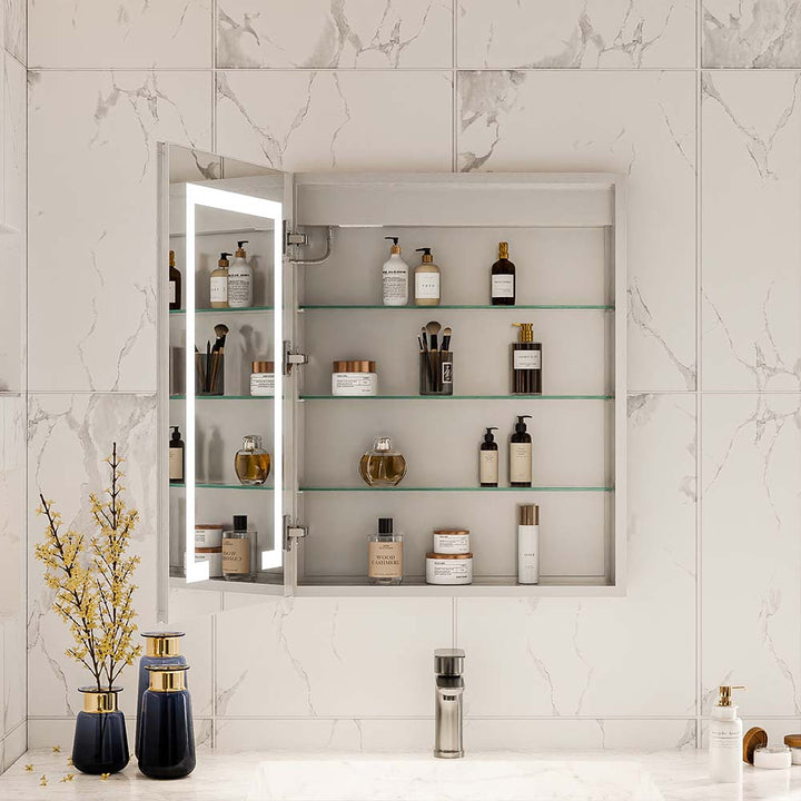Open LED medicine cabinet with adjustable glass shelves and mirror