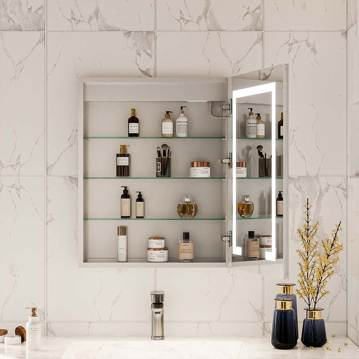 Open LED medicine cabinet with adjustable glass shelves and mirror