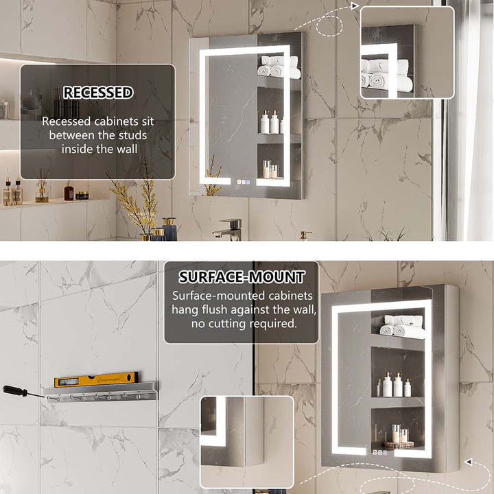 LED medicine cabinet showing recessed and surface mount installation