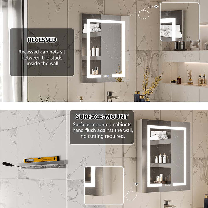 LED medicine cabinet showing recessed and surface mount installation