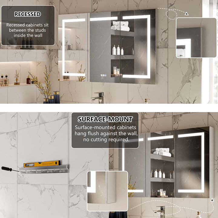Recessed and surface mount installation options for LED medicine cabinet