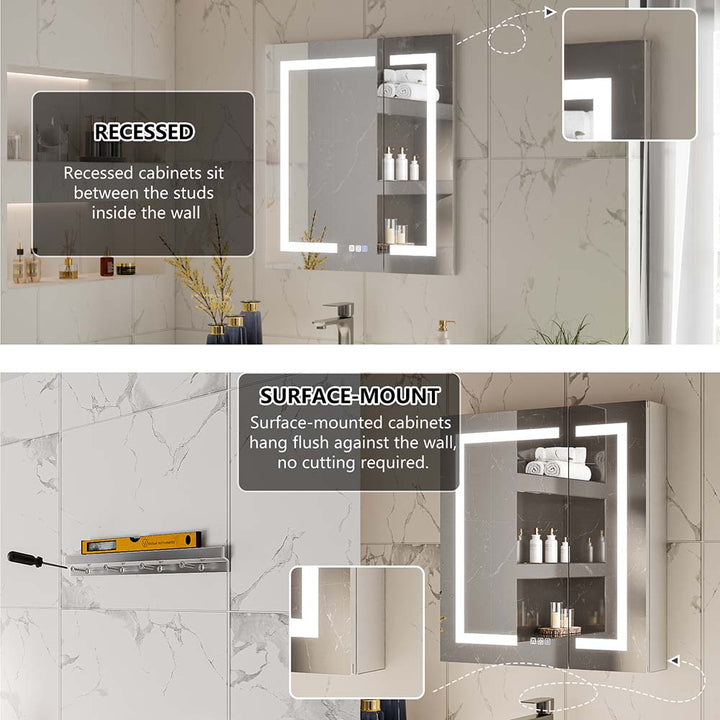 LED medicine cabinet showing recessed and surface mount options