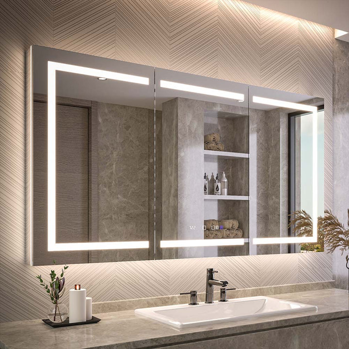 Side angle view of LED medicine cabinet in bathroom