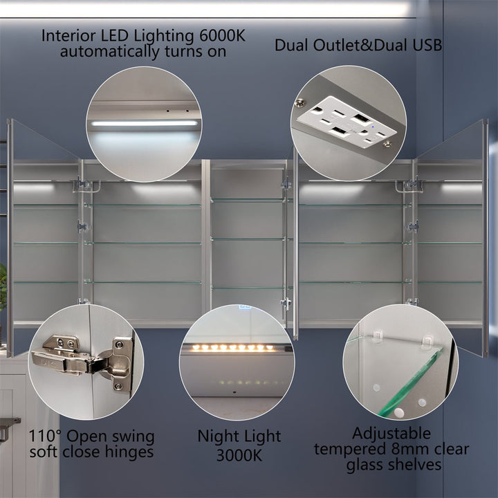 LED medicine cabinet with USB, shelves, and lights