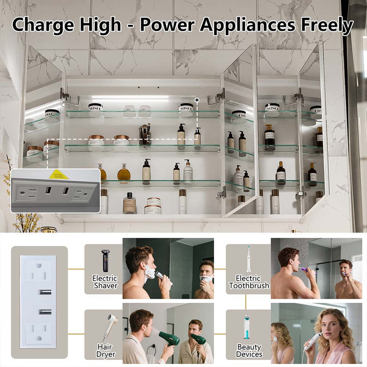 LED medicine cabinet with USB outlets for electric shaver and hair dryer