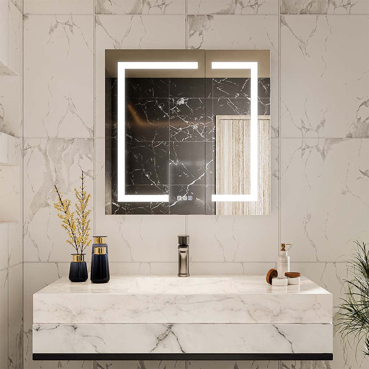 LED medicine cabinet wall mounted above marble vanity in bathroom
