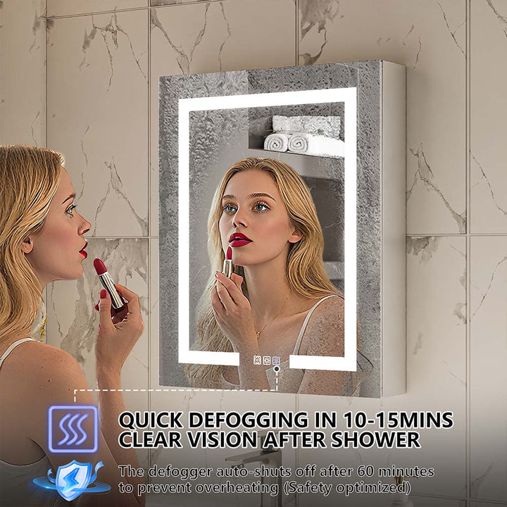 LED medicine cabinet with anti fog mirror showing quick defogging feature