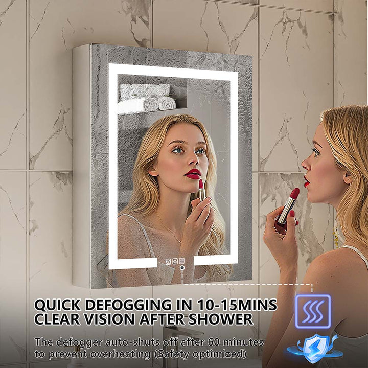 LED medicine cabinet with anti fog mirror showing quick defogging feature