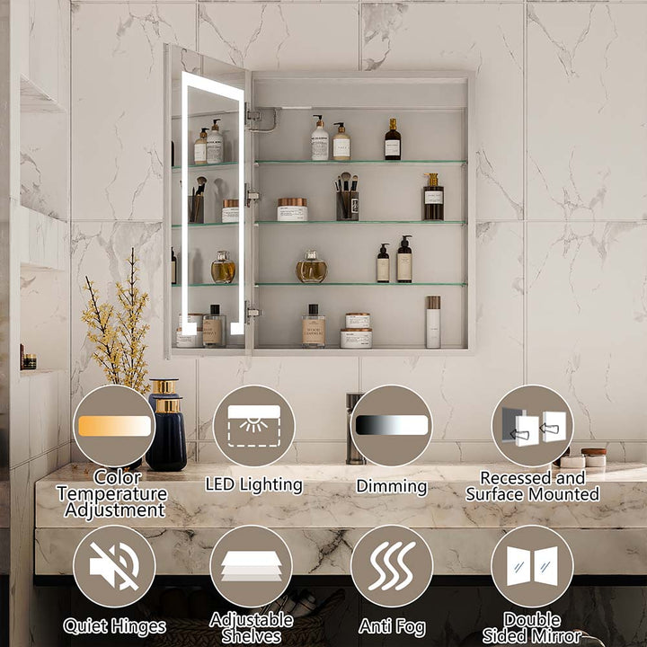 LED medicine cabinet with dimming light and adjustable glass shelves