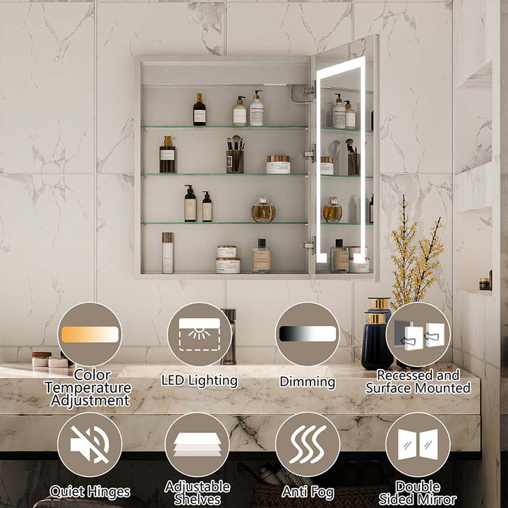 LED medicine cabinet with dimming light and adjustable glass shelves