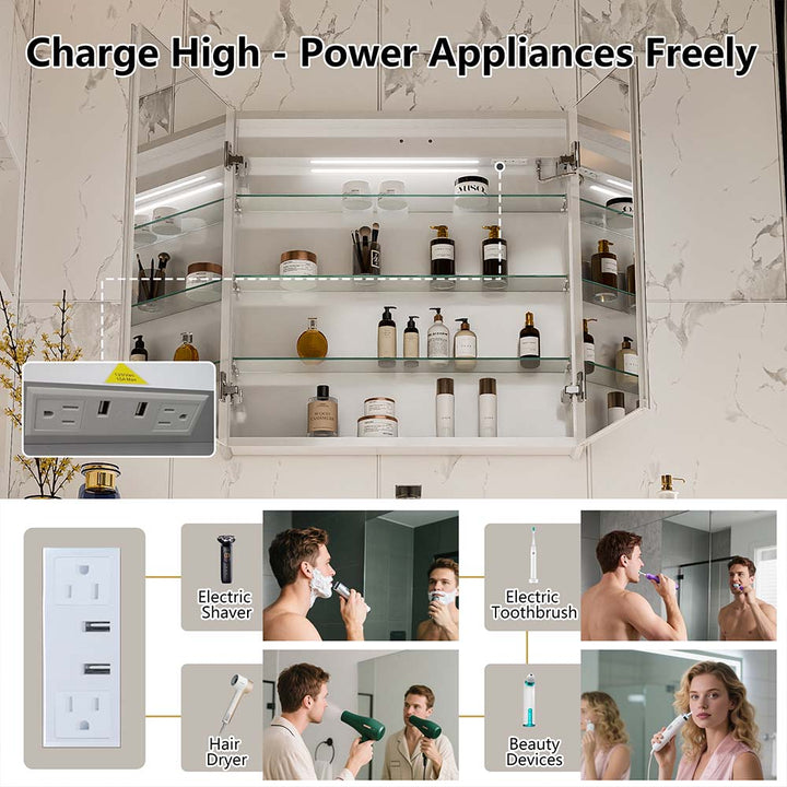 LED medicine cabinet with built in USB outlet for hair dryer and shaver