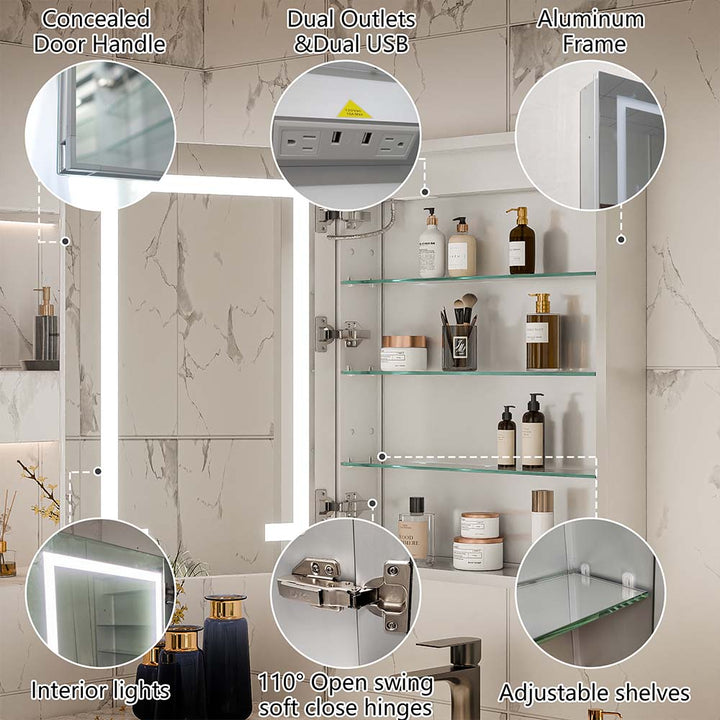 LED medicine cabinet with dual USB outlets and adjustable glass shelves
