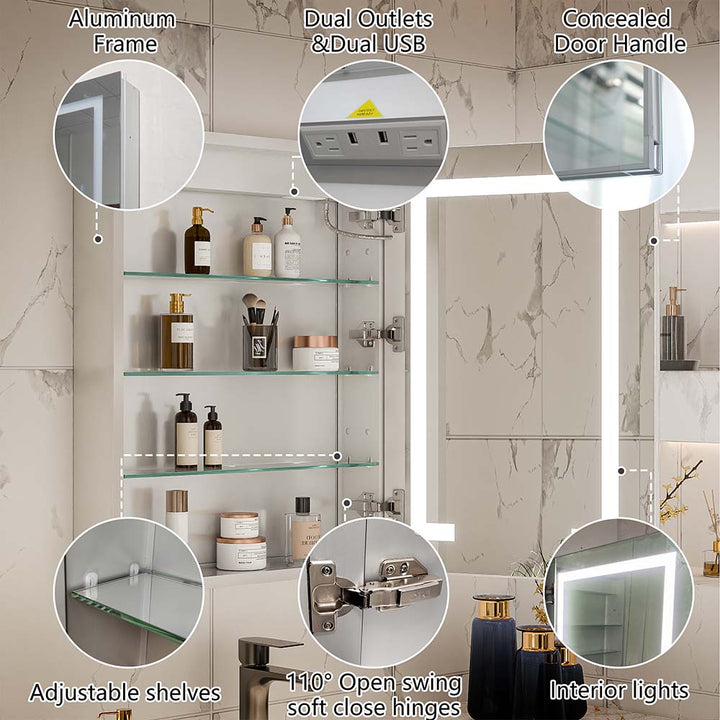 LED medicine cabinet with dual USB outlets and adjustable glass shelves