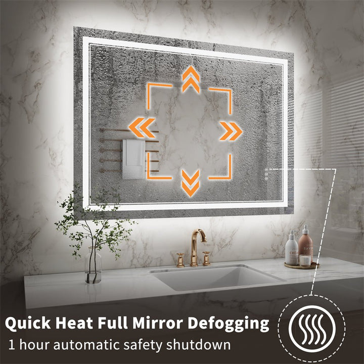 LED mirror with quick heating defogger and 1-hour auto shutoff
