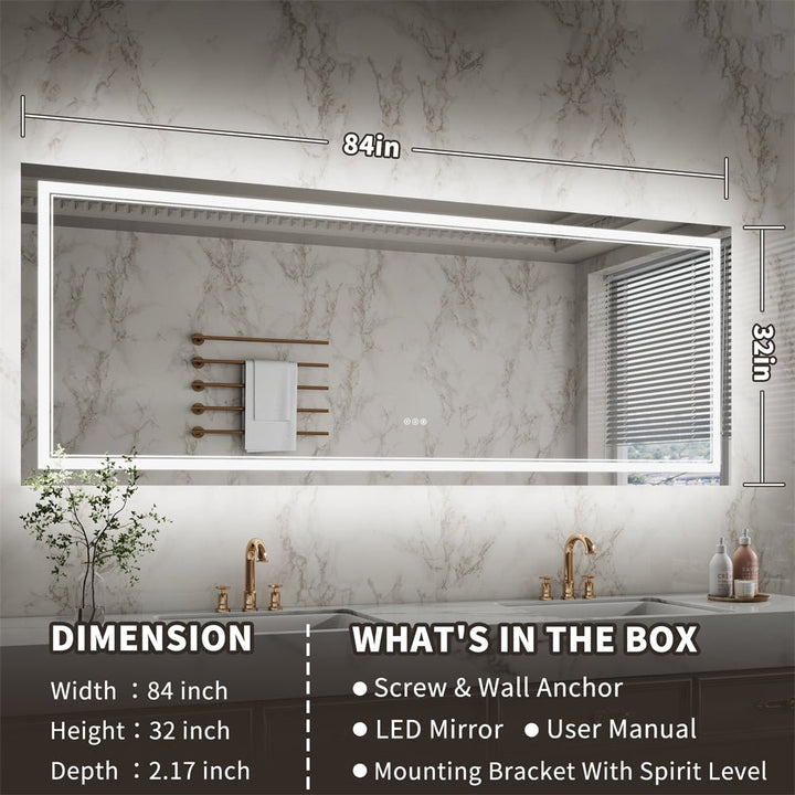 LED mirror dimensions 84x32 inches with included installation items