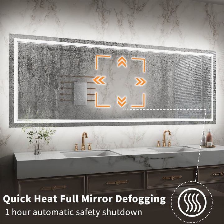 LED mirror with full-surface defogging and auto shutoff