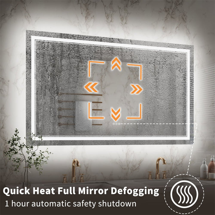 LED mirror with quick heat full-surface defogging and auto shutoff