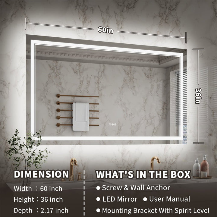 LED mirror size 60x36 inches with wall mount kit and user manual