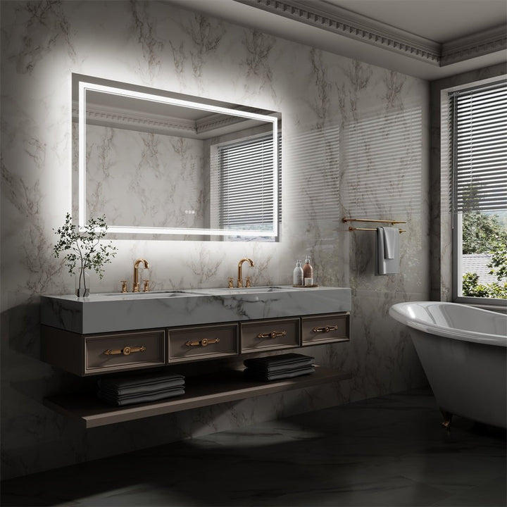 LED mirror installed above double sink vanity in luxury bathroom