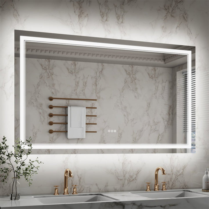 Wall-mounted LED mirror with lights in luxury bathroom vanity setting