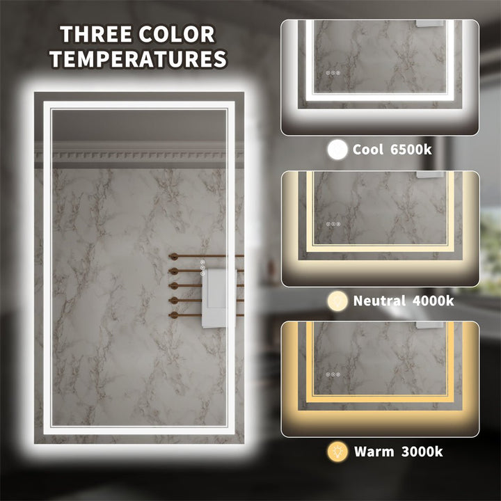 LED mirror showing 3000K, 4000K, and 6500K light color options