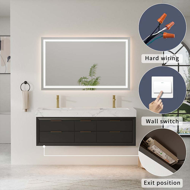 Hardwired LED mirror with wall switch and power exit location