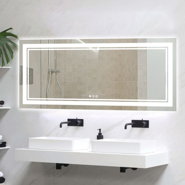 Odele 60x28 Large Frameless Silver Wall-Mount Vanity Mirror with Anti-Fog