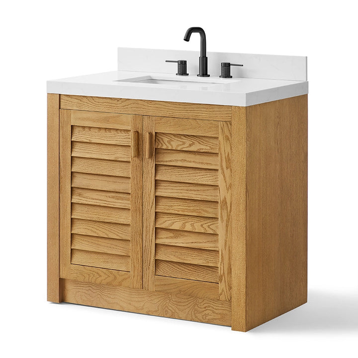 Light wood 36 inch bathroom freestanding vanity angled view