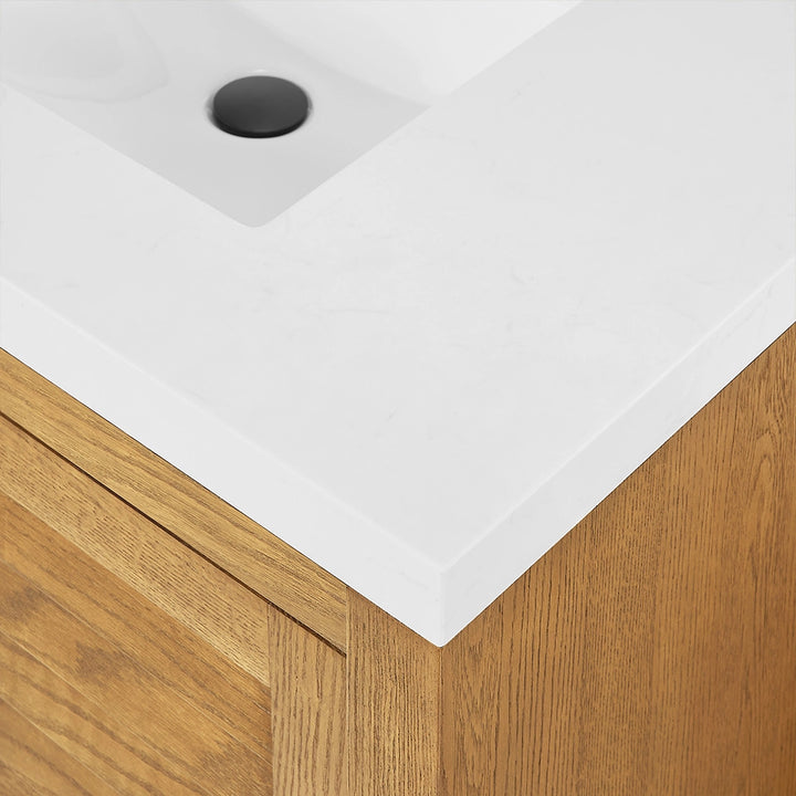 Light wood 36 inch bathroom freestanding vanity white countertop detail