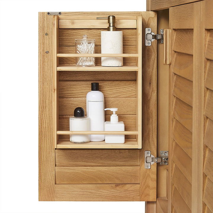 Light wood 36 inch bathroom vanity door storage shelf with toiletries