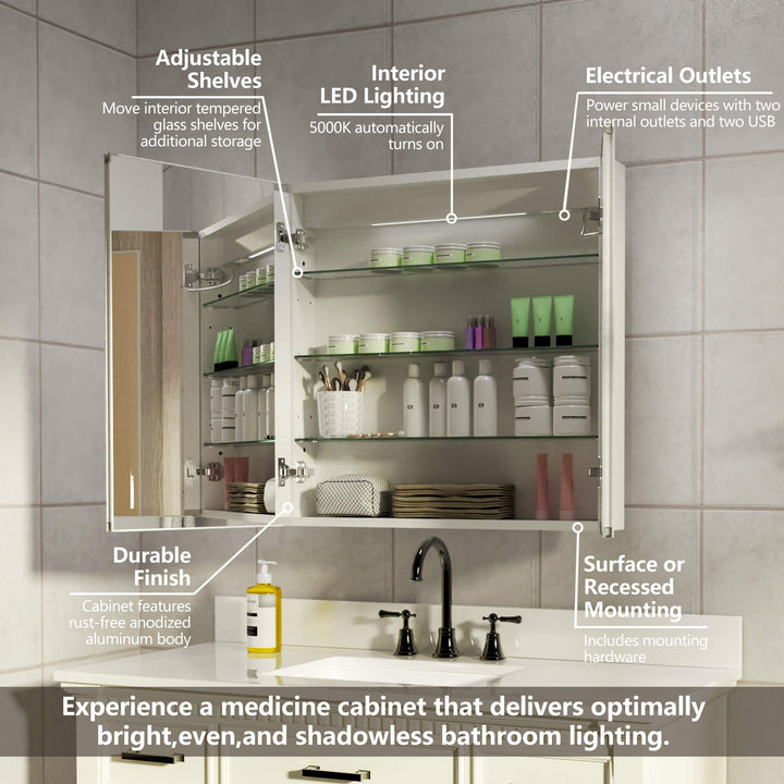LED medicine cabinet with adjustable glass shelves, built-in outlets, and rust-free finish.