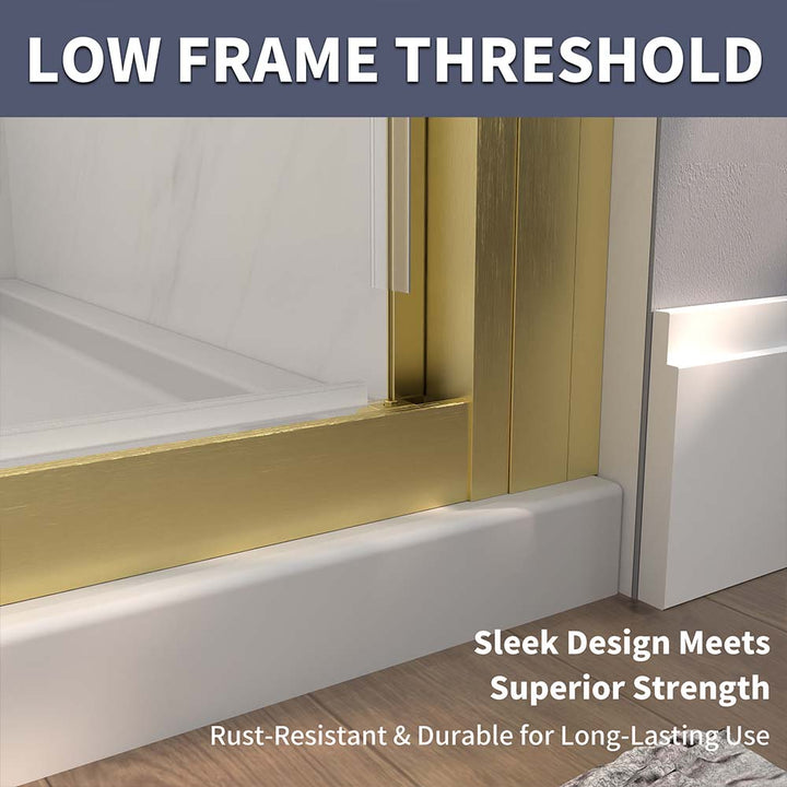 Low frame threshold design of a rust-resistant gold shower door