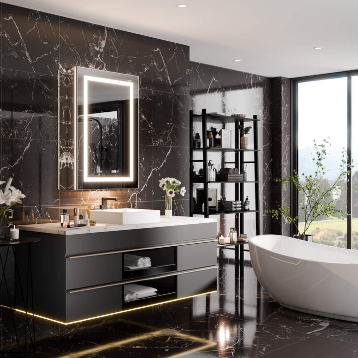 Luxury modern bathroom with LED mirror cabinet, marble walls, and elegant decor