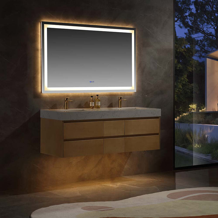Luxury bathroom vanity with backlit mirror and drawer storage