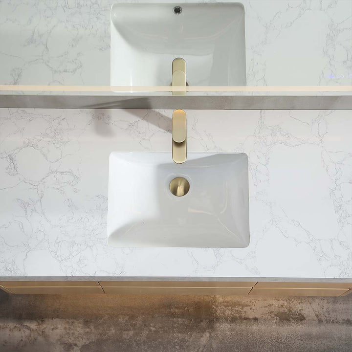 Top view of marble countertop bathroom vanity with ceramic basin