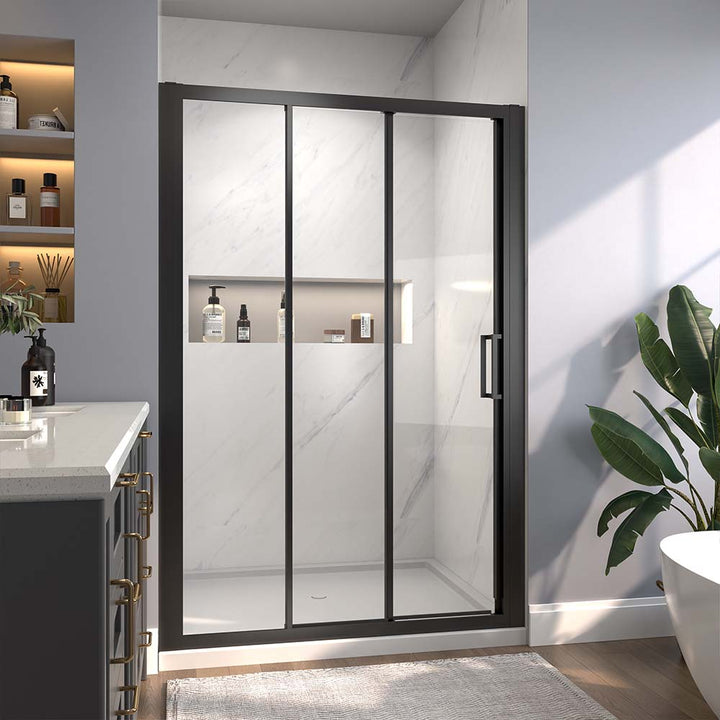 Matt black framed sliding shower door modern bathroom