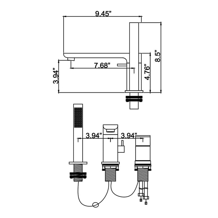 Dimensions diagram of matte black shower system with handheld sprayer
